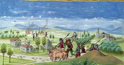 Drancování za války. detail „“ Vliv slunce „“: Válka. Miniatura od Cristofora de Predis (v. 1440-v. 1486) - v „“ De Sphaera“““ d