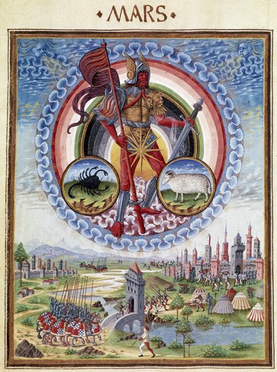 Mars se znameními zvěrokruhu štíra a beliera. Dole, bitevní scény. Miniatura od Cristofora de Predis (v. 1440-v. 1486) - v „“ De Sphaera“““ d