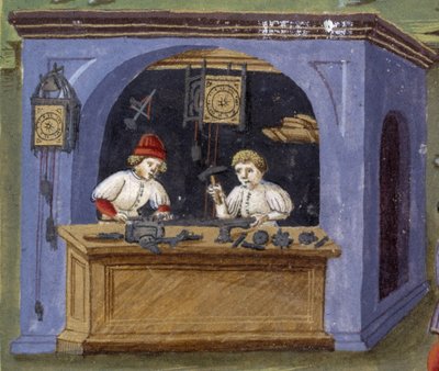 hodinář v „“ Vliv měsíce „“: řemeslníci. Miniatura od Cristofora de Predis (v. 1440-v. 1486) - v „“ De Sphaera“““ d