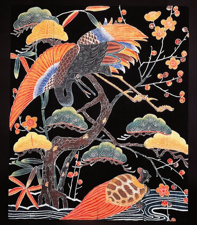 Detail jeřábů a želvy dlouhoocasé (tsurugame) z látky kimono s příznivými motivy, japonská civilizace, období Edo od Culture Edo