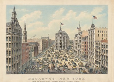 Broadway, New York: Z budovy telegrafu Western Union při pohledu na sever od Currier and Ives