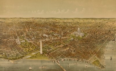 Město Washington (pohled z ptačí perspektivy od řeky Potomac na sever) od Currier and Ives