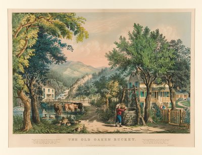 Staré dubové vědro od Currier and Ives