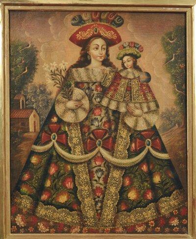 Panna Maria s dítětem a poutníky od Cuzco School
