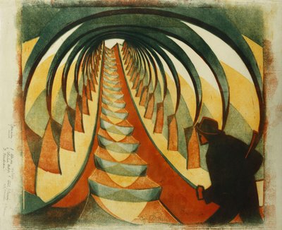 Eskalátor, c. 1929 (linoryt vytištěn v barvách na tenkém Japonsku) od Cyril Edward Power