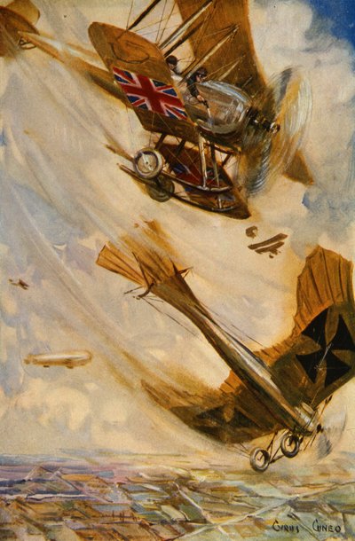 Britský dvouplošník sestřelil německý jednoplošník Taube střelbou z pistole, na začátku války (barva litho) od Cyrus Cuneo