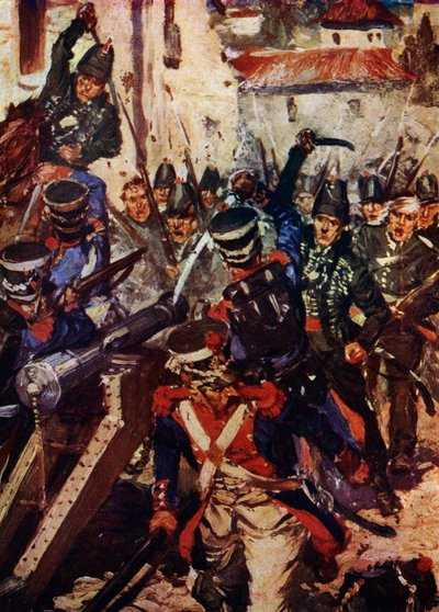 Střelecká brigáda vyklízející vesnici (barva litho) od Cyrus Cuneo