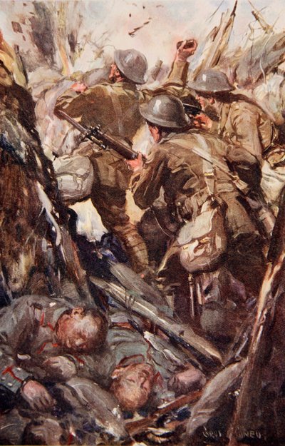 „Bombardovali a bajonetem se dostali do nepřátelského zákopu“, ilustrace z „Told in the Huts: The YMCA Gift Book“, vydané v roce 1916 od Cyrus Cuneo
