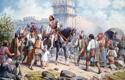 Karel IV. pozdravil obyčejné lidi při rozšiřování pražského opevnění v roce 1361, pohlednice z počátku dvacátého století (barevné lito) od Czech School