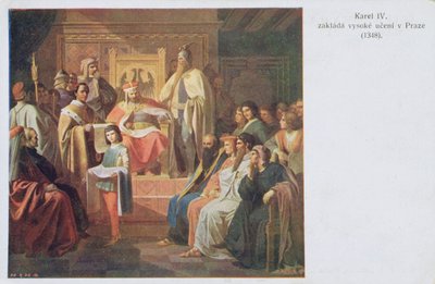 Založení německé univerzity v Praze Karlem IV. v roce 1348, pohlednice z počátku dvacátého století od Czech School