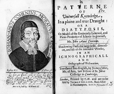 Titulní strana a Frontispis k vzoru univerzálního poznání, včetně portrétu Jana Amose Komenského, vyrytý Georgem Gloverem, 1651 od Czech School