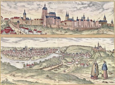 Pohled na Prahu zobrazující (nahoře) Císařský palác (Hradschin) a (dole) řeku Vltavu oddělující starou a moderní část města (rytina) od Czech School