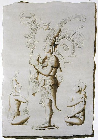 Král, socha z paláce, Palenque, Chiapas, Mexiko (barevná rytina) od D.K. (after) Bonatti