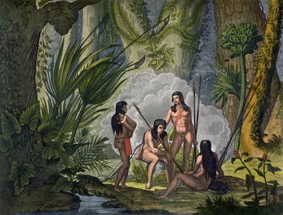 Camacani Tribesmen in Woodland v Amazonské džungli, Brazílie, z „Le Costume Ancien et Moderne“, svazek I, deska 53, od Julese Ferraria, vydáno kolem 20.–30. let 19. století (barevná rytina) od D.K. Bonatti