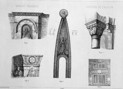 Hlavní města a architektonické detaily z narthexu Kahrije Dzamissi, kostel Spasitele, z 
