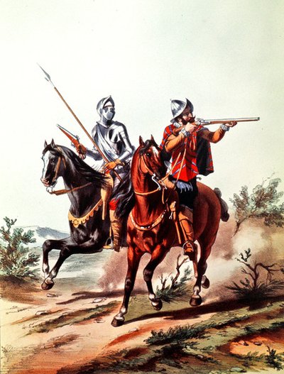 Francouzská kavalérie vyzbrojená pistolemi se zámkem na kola (barva litho) od D. de (after) Noirmort