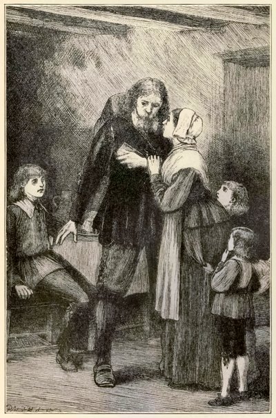 Christian se svěřuje své ženě z filmu The Pilgrims Progress From This World, To That Who Is To Come John Bunyan (1628-1688) ilustrace Thomas Dalziel (1823-1906) Christian s těžkým břemenem od Dalziel Brothers