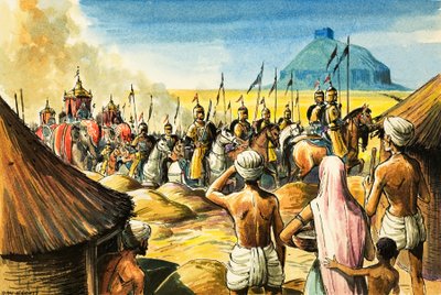 Indičtí domorodci sledují průvod slonů a vojáků blížící se k pevnosti (kvaš na papíře) od Dan Escott
