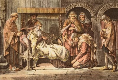 Harold, vracející se z Normandie, se představuje Edwardu Vyznavači, vyryto JD Cooperem (barevná rytina) od Daniel Maclise