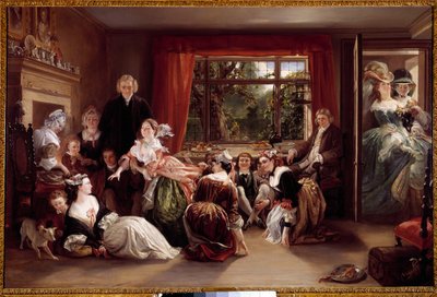 Hra na lov pantoflí Herní scéna v anglickém buržoazním interiéru. Obraz Daniela Maclise (1806-1870) 19. století Soukromá sbírka od Daniel Maclise
