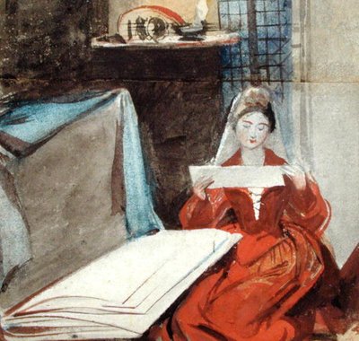 Dáma ve středověkém kostýmu studující obsah portfolia (akvarel na papíře) od Daniel Maclise