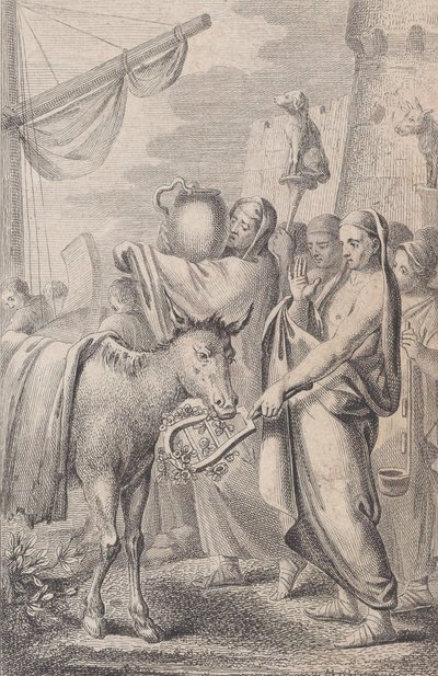 Postavy vpravo poblíž lodi, někteří drží zvířata nad hlavou, kůň vlevo, 1783 od Daniel Berger