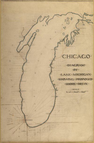 Deska 35 z Plan of Chicago 1909: Chicago a Diagram jezera Michigan. Navrhovaná cesta... od Daniel Burnham