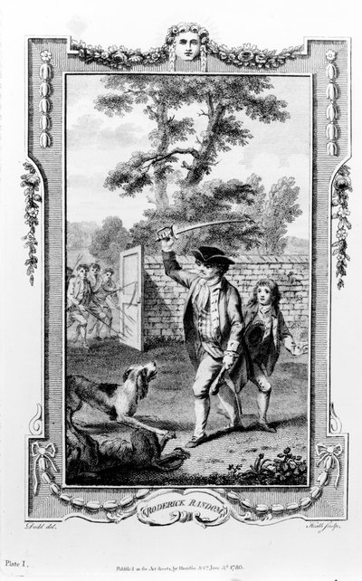 Strýc Rodericka Randoma je napaden psy, ilustrace z „Roderick Random“ od Tobiase Smolletta, vyryto Jamesem Heathem, 1780 od Daniel Dodd