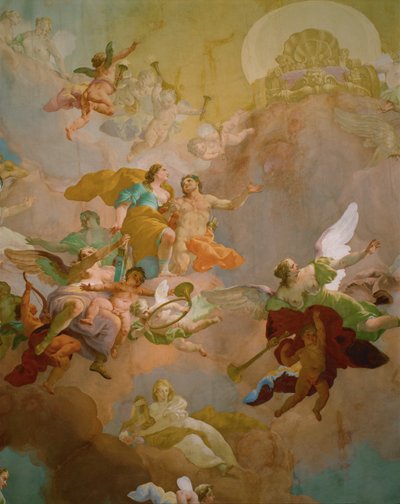 Hermes vede Dianu, bohyni lovu, na Olymp, kde pro ni Zeus uvolnil svůj trůn (freska) od Daniel Gran