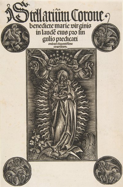 Panna na půlměsíci, titulní list z Pelbartus de Temesvar: Stellarium corone Schr. 2869..., 1502. od Daniel Hopfer.