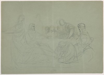 Kresba, Maria myje nohy Kristu, několik mužů sedících u stolu; Verso: poznámky, 1852 od Daniel Huntington