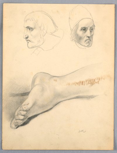 Kresba, pravá noha a dvě hlavy S, 1852 od Daniel Huntington