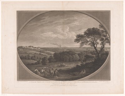 Gezicht op London, Gezien vanaf Hampstead Heath Severní pohled na města Londýna a Westminsteru, s částí Highgate převzatou z Hampstead Heath, poblíž Španělů (název na objektu) od Daniel Lerpinière
