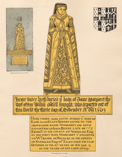 Mosazný talíř pro Dame Margaret Dalett a Ellen Berney, z Beckenham Church od Daniel Lysons