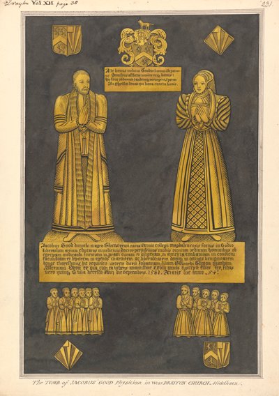 Mosazný talíř pro Dr. Jamese Goodea a jeho manželku Joan, dceru Edwarda Clintona, West Drayton Church od Daniel Lysons