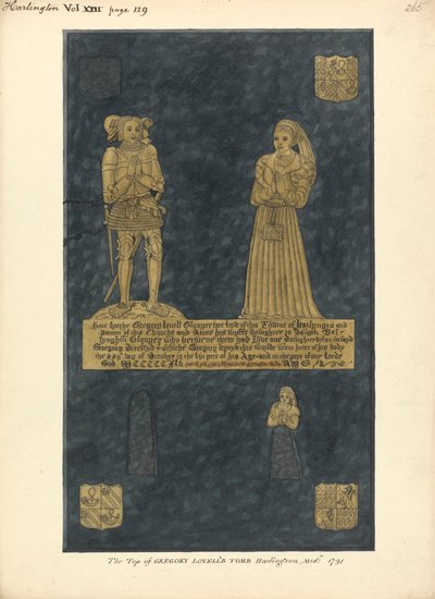Mosazný talíř pro Gregoryho Lovella a jeho manželku Anne, dceru Davida Bellinghama, Harlington Church od Daniel Lysons