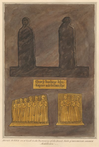 Mosazné desky na neidentifikované hrobce na chodníku jižní uličky z Hillingdonského kostela od Daniel Lysons