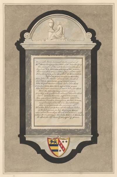 Památník paní Mary Gregory, Caroline Gregory, Johna Gregoryho, Abigail Gregory, Williama Gregoryho, Mary Abigail Gregory, šesti dětí: Charlotte, Louisa, Georgina, Michael, Emma a George Gregory a Charles John Gregory z Cranford Church od Daniel Lysons