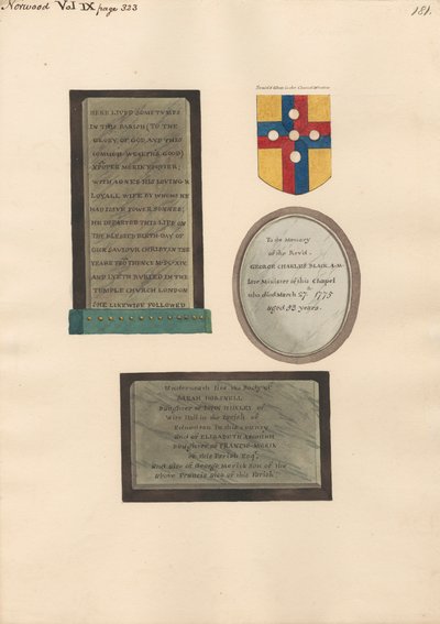 Památky Xpofera a Agnes Merick, George Charlese Blacka a Sarah Horsnell, Elizabeth Ascough a George Merick od Daniel Lysons