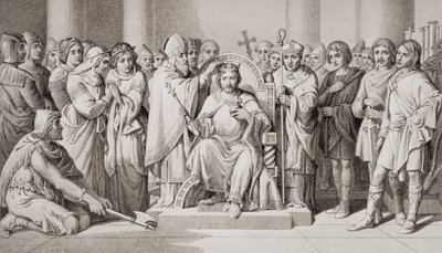 Korunovace Harolda II. (asi 1022–66) králem Anglosasů v roce 1066 n. l., z Ilustrace anglické a skotské historie od Daniel Maclise