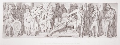 Haroldova přísaha věrnosti Vilémovi, složená nad ukrytými ostatky svatých, z knihy "The Story of the Norman Conquest", vyryl L. Gruner, 1866. od Daniel Maclise