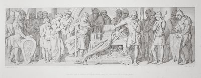 Haroldova přísaha věrnosti Vilémovi, složená nad ukrytými ostatky svatých, z knihy "The Story of the Norman Conquest", vyryl L. Gruner, 1866 88:Harold II (asi 1022-66), korunovaný v roce 1 od Daniel Maclise