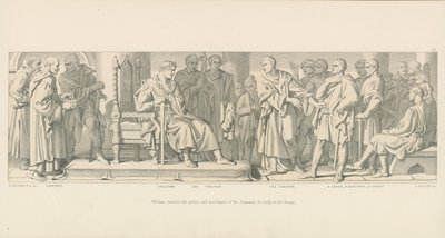 William konzultuje šlechtice a obchodníky svého vévodství o pomoc při jeho návrhu od Daniel Maclise