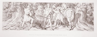 William ve svém lovišti v Rouenu získává informace od Tostiga z Haroldovy korunovace z „Příběhu o dobytí Normanů“, vyryl L. Gruner, 1866 od Daniel Maclise