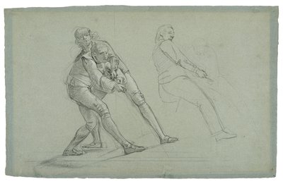 Studie k obléhání Gibraltaru (Studie figur táhnoucích na laně), 1785-1786 (černobílá křída na šedomodrém papíře) od Daniel Mytens