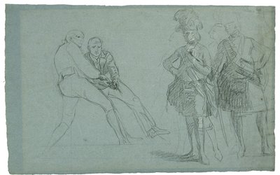 Studie k obléhání Gibraltaru (Studie podplukovníka Lindsaye a postavy táhnoucí za provaz), c. 1786-1787 (graftie a černobílá křída na šedomodrém papíře) od Daniel Mytens