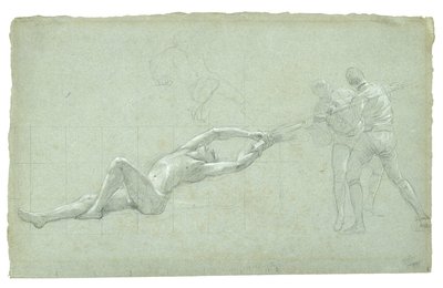 Study for The Siege of Gibraltar (Studie zachráněné postavy a dvou postav táhnoucích na vesle), 1785-1786 (černobílá křída na šedozeleném papíře) od Daniel Mytens