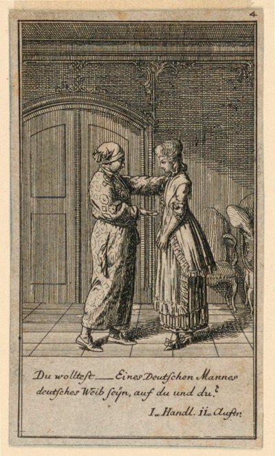 Otec nebo opatrovník mluví s dívkou, ilustrace hry „Ne více než sachs Schuesseln“ od Fredricha Wilhelma Grossmana v „Königl: Grosbrit [anian] genealogický kalendář na rok 1782 Lauenberg od J. G. Berenberga“ od Daniel Nikolaus Chodowiecki