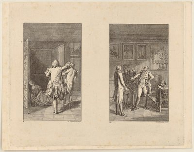 Baron vyhání Candida z hradu [vlevo]; Candide, Kunigunda a stařena před guvernérem Buenos Aires [vpravo] od Daniel Nikolaus Chodowiecki