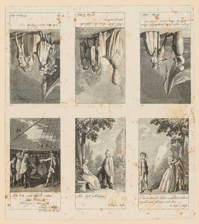 Strany 1–3 a 10–12 k Shakespearově hře „Bouře“ od Daniel Nikolaus Chodowiecki